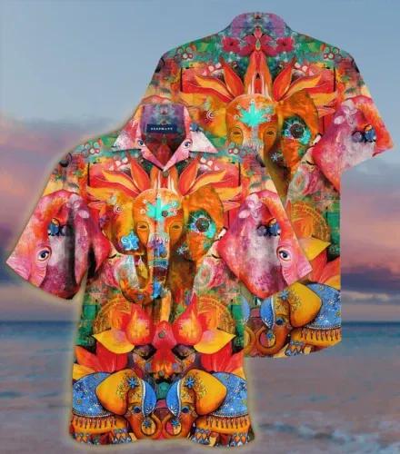 Elephant Colorful Hawaiian Aloha Shirt Unisex Shorts Sleeve Colorful Hawaiian Shorts Beach Short Sleeve_Hawaiian Shirt Gift, Christmas Gift