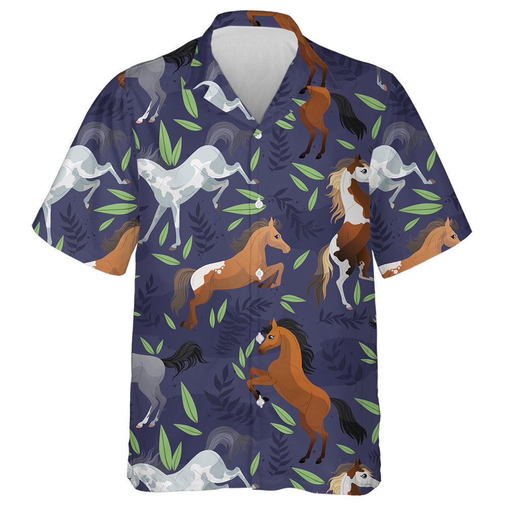 Brown Grey White Horses And Leaves Hawaiian Shirt, Hawaiian For Gift