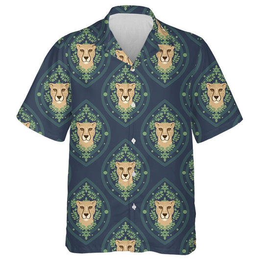 Modern Trendy Leopard Spots With Leaves On Navy Blue Hawaiian Shirt, Hawaiian Shirt Gift, Christmas Gift