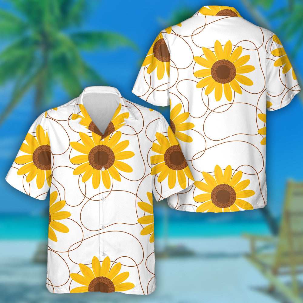 Brown Lines With Sunflower On White Background Hawaiian Shirt, Hawaiian For Gift