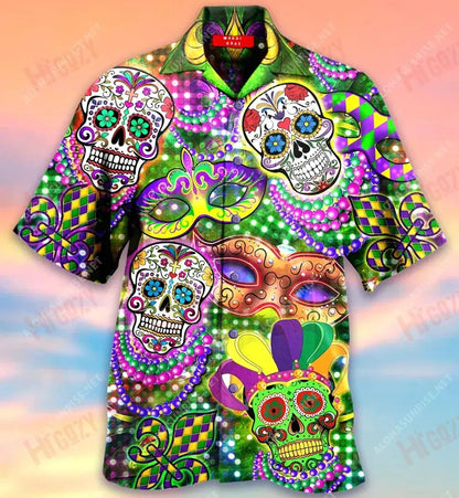 Mardi Gras Skulls Short Hawaiian Shirt Summer Aloha Shirt Tactical Hawaiian Shirt Hawaiian Shirt Pattern, Hawaiian Shirt Gift, Christmas Gift