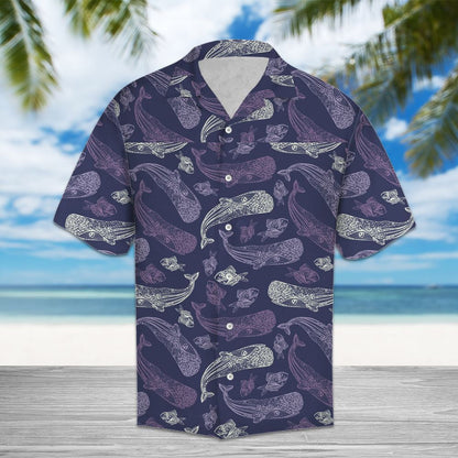 Hand Drawn Purple And Gray Whales Hawaiian Shirt, Hawaiian For Gift