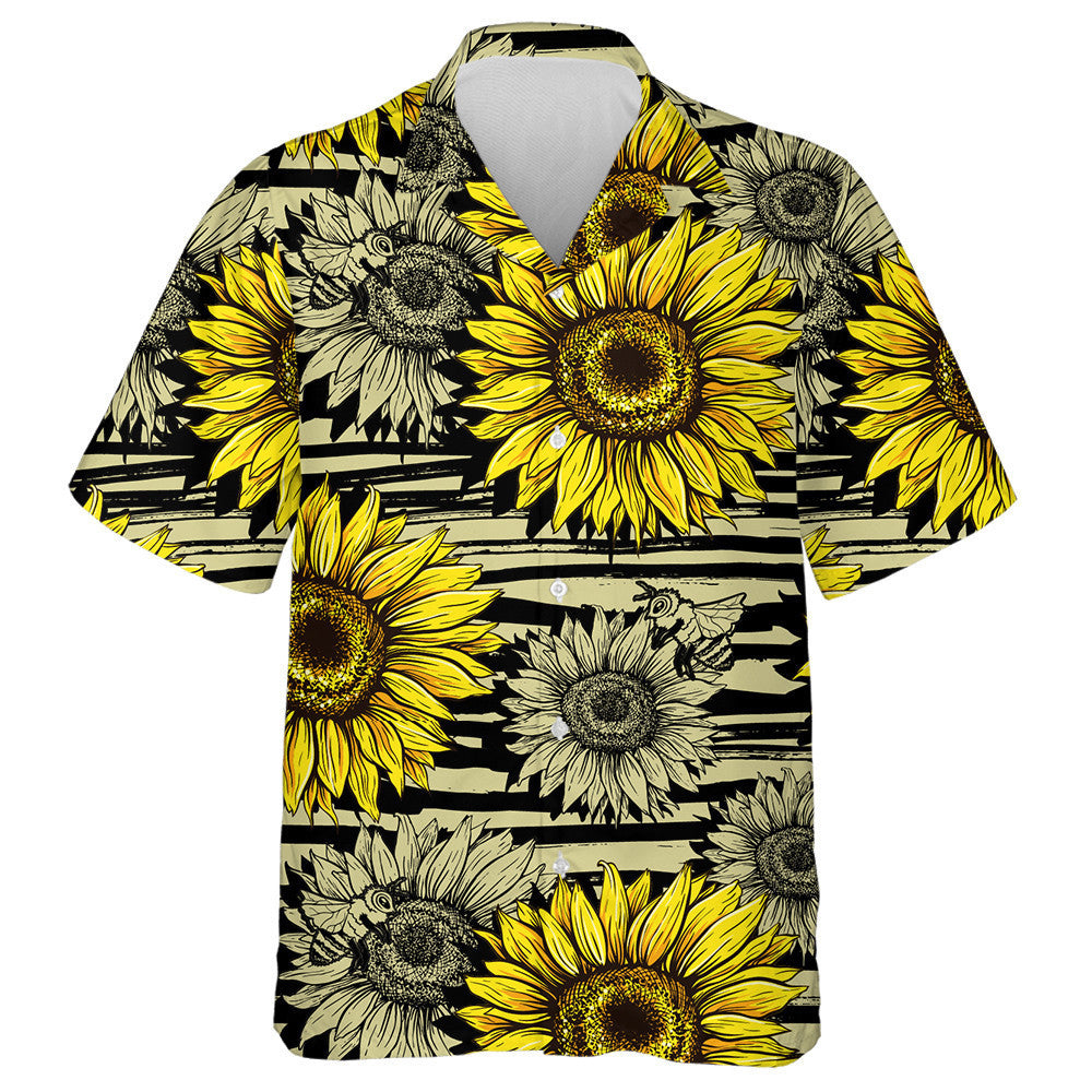 Horizontal Stripped Brush Strokes Pattern With Bees And Sunflowers Hawaiian Shirt, Hawaiian Shirt Gift, Christmas Gift