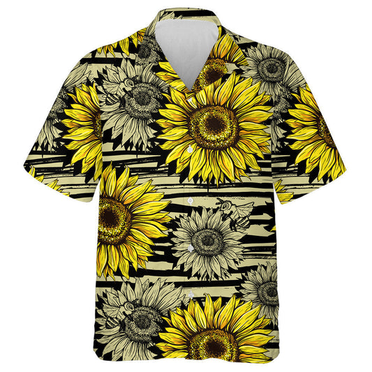 Horizontal Stripped Brush Strokes Pattern With Bees And Sunflowers Hawaiian Shirt, Hawaiian Shirt Gift, Christmas Gift