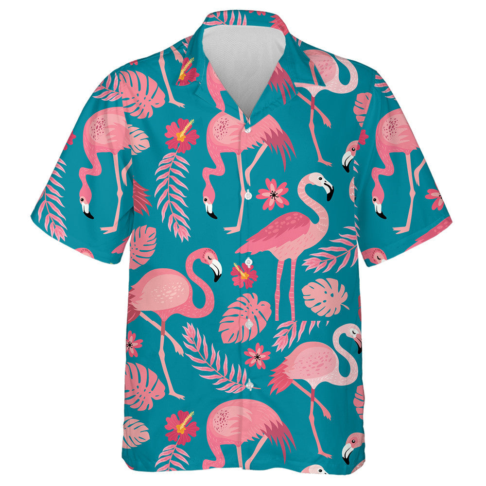 Rosa Flamingos in verschiedenen Posen mit tropischen Blättern Hawaiihemd, Hawaiihemd Geschenk, Weihnachtsgeschenk