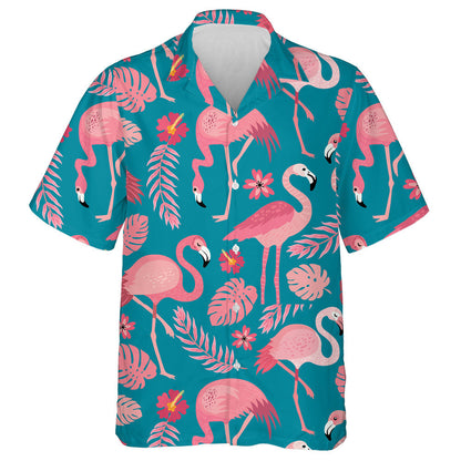 Rosa Flamingos in verschiedenen Posen mit tropischen Blättern Hawaiihemd, Hawaiihemd Geschenk, Weihnachtsgeschenk