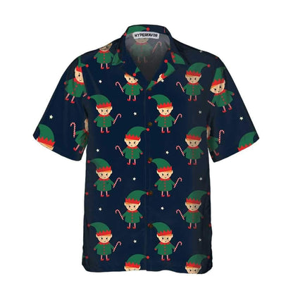 Cartoon Cute Elf With Candy Cane Navy Backdrop Hawaiian Shirt, Hawaiian Shirt Gift, Christmas Gift