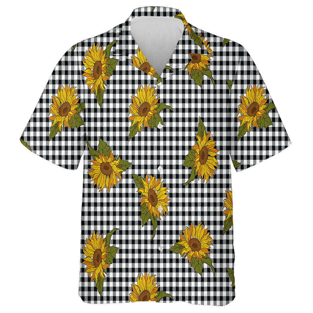 Bright Sunflowers On Black White Buffalo Plaid Background Hawaiian Shirt, Hawaiian Shirt Gift, Christmas Gift