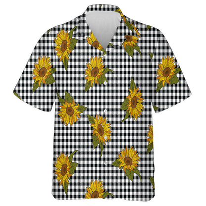 Bright Sunflowers On Black White Buffalo Plaid Background Hawaiian Shirt, Hawaiian Shirt Gift, Christmas Gift