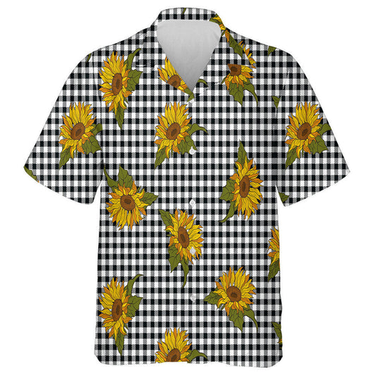 Bright Sunflowers On Black White Buffalo Plaid Background Hawaiian Shirt, Hawaiian Shirt Gift, Christmas Gift