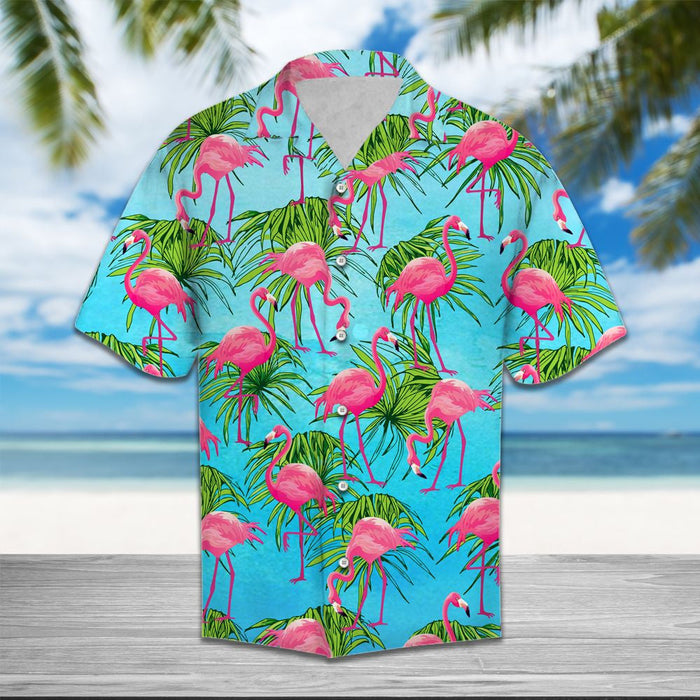 Flamingo Tropical Palm Leaves Summer Vacation Themed Hawaiian Shirt, Hawaiian Shirt Gift, Christmas Gift