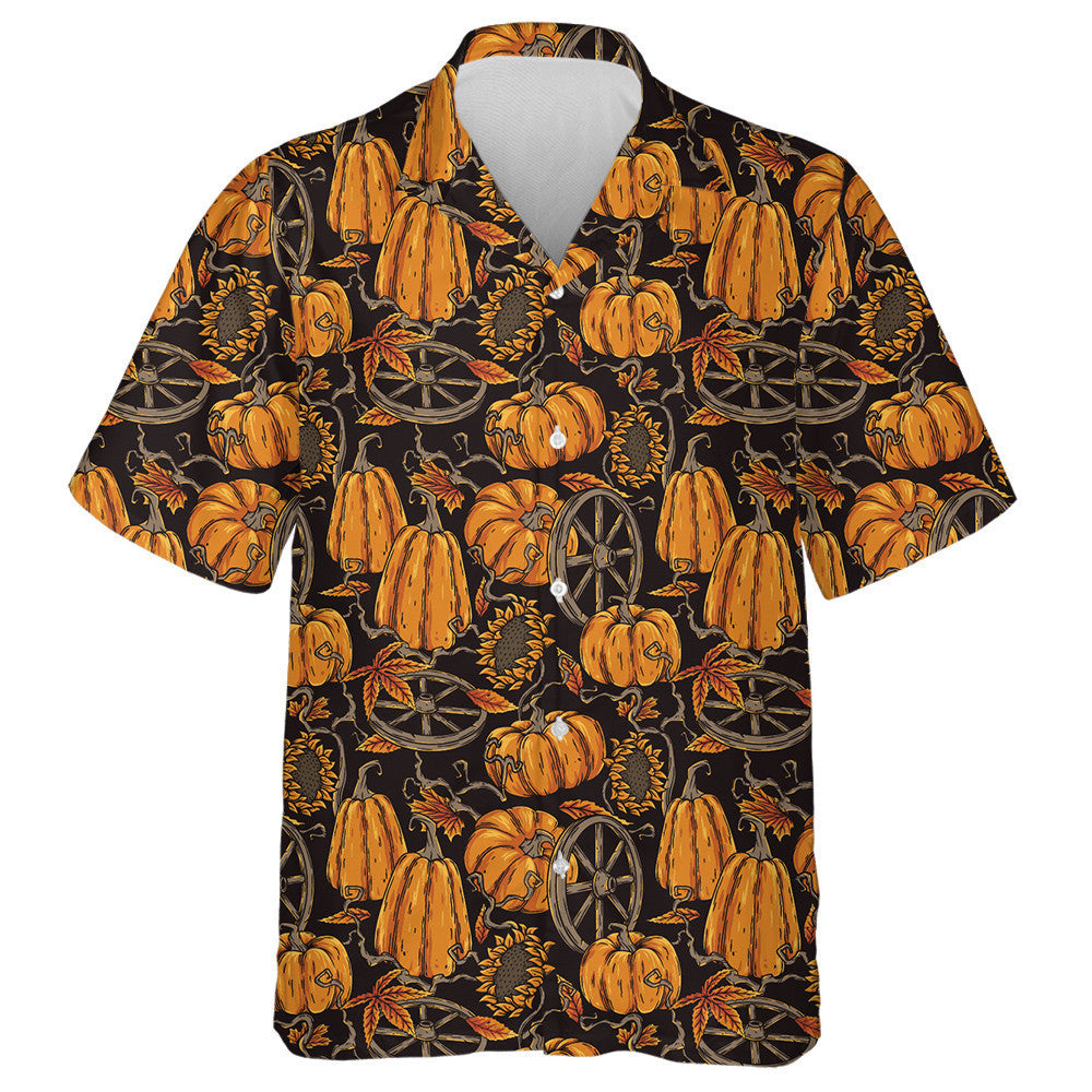 Halloween Pattern With Pumpkin Sunflower Wheel And Orange Foliage Hawaiian Shirt, Hawaiian Shirt Gift, Christmas Gift