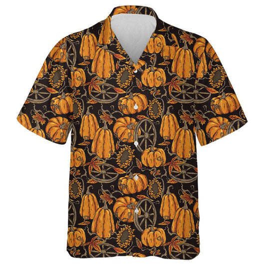 Halloween Pattern With Pumpkin Sunflower Wheel And Orange Foliage Hawaiian Shirt, Hawaiian Shirt Gift, Christmas Gift