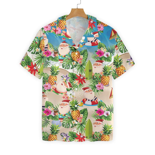 Pineapple And Santa Claus On Beach Happy Moment Hawaiian Shirt, Hawaiian Shirt Gift, Christmas Gift