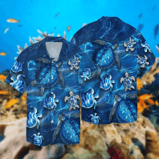 3d Turtles Blue Water Pattern Hawaiian Shirt, Hawaiian Shirt Gift, Christmas Gift