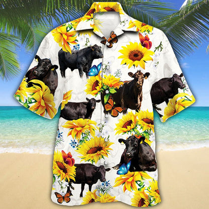 Black Angus Cattle Sunflower Hawaiian Shirt,Hawaiian Shirt Gift, Christmas Gift