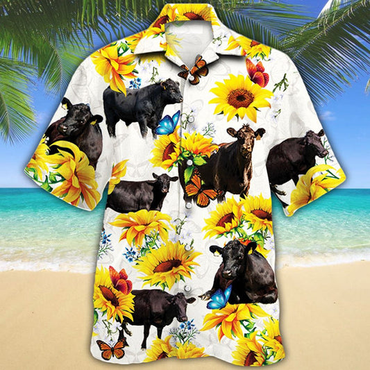 Black Angus Cattle Sunflower Hawaiian Shirt,Hawaiian Shirt Gift, Christmas Gift