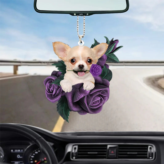 Chihuahua In Purple Rose Car Hanging Ornament, Christmas Decoration