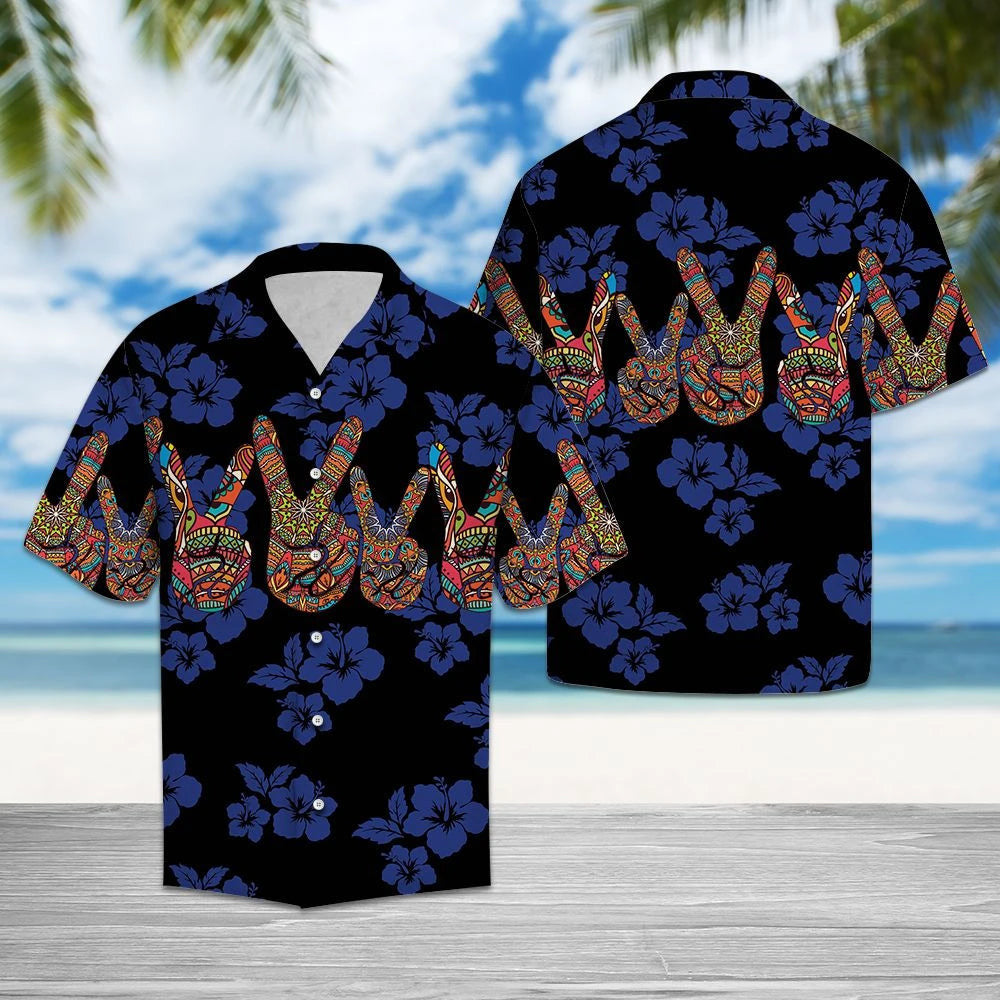 Peace Hand Sign Tropical Hibiscus On Black Pattern Hawaiian Shirt, Hawaiian Shirt Gift, Christmas Gift