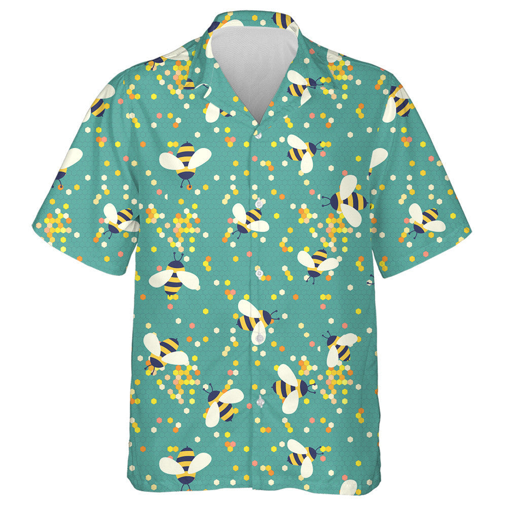 Natural Summer Cute Cartoon Bees On Dot Honeycombs Hawaiian Shirt, Hawaiian Shirt Gift, Christmas Gift