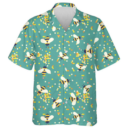 Natural Summer Cute Cartoon Bees On Dot Honeycombs Hawaiian Shirt, Hawaiian Shirt Gift, Christmas Gift