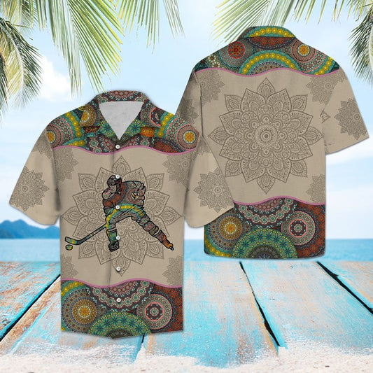 Posed Of Hockey Player Mandala Patchwork Brown Themed Hawaiian Shirt, Hawaiian Shirt Gift, Christmas Gift
