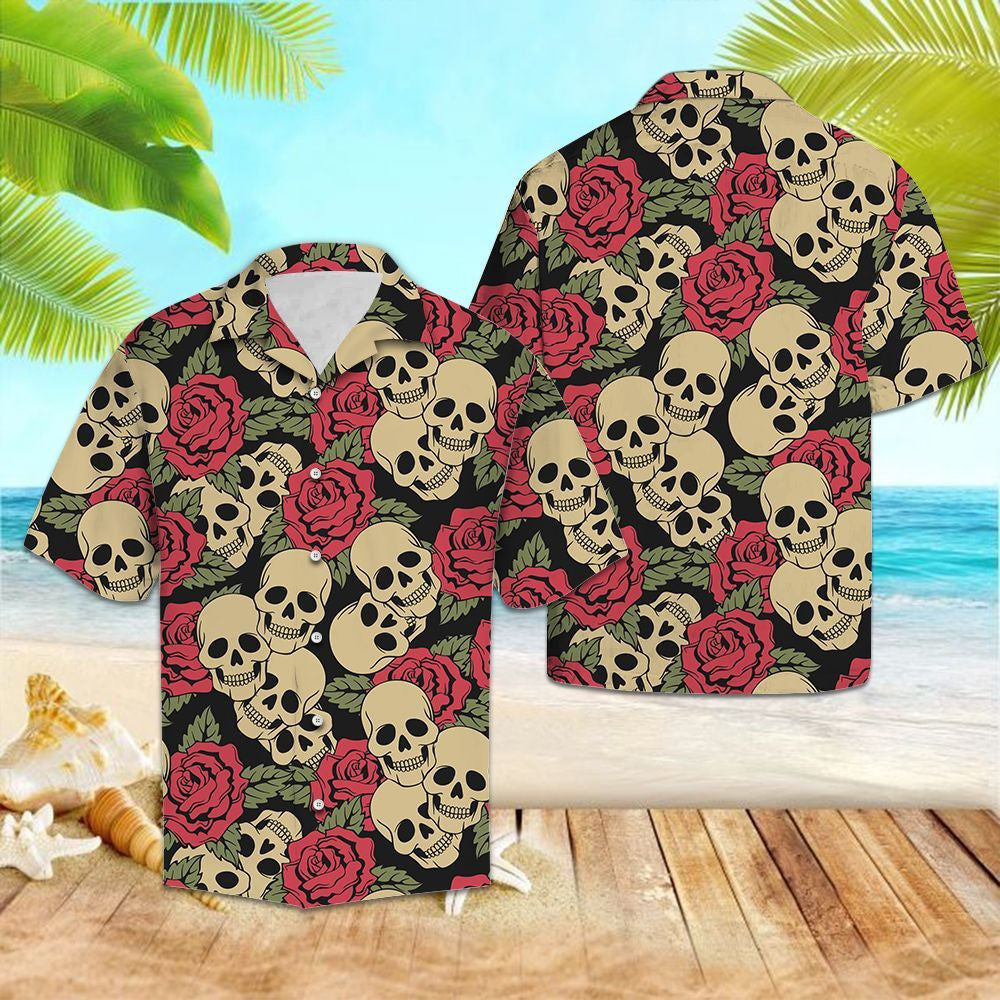Gothic Skull With Red Roses Hawaiian Shirt,Hawaiian Shirt Gift, Christmas Gift