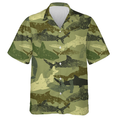 Grunge Style Green Camouflage Shark Pattern Hawaiian Shirt,Hawaiian Shirt Gift, Christmas Gift