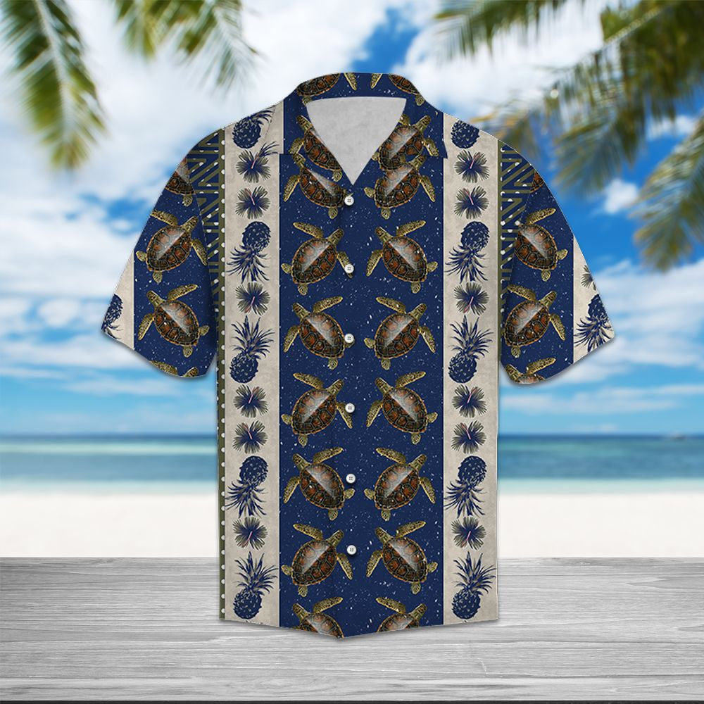Navy Themed Sea Turtle Pineapple Hibiscus Pattern Hawaiian Shirt, Hawaiian Shirt Gift, Christmas Gift