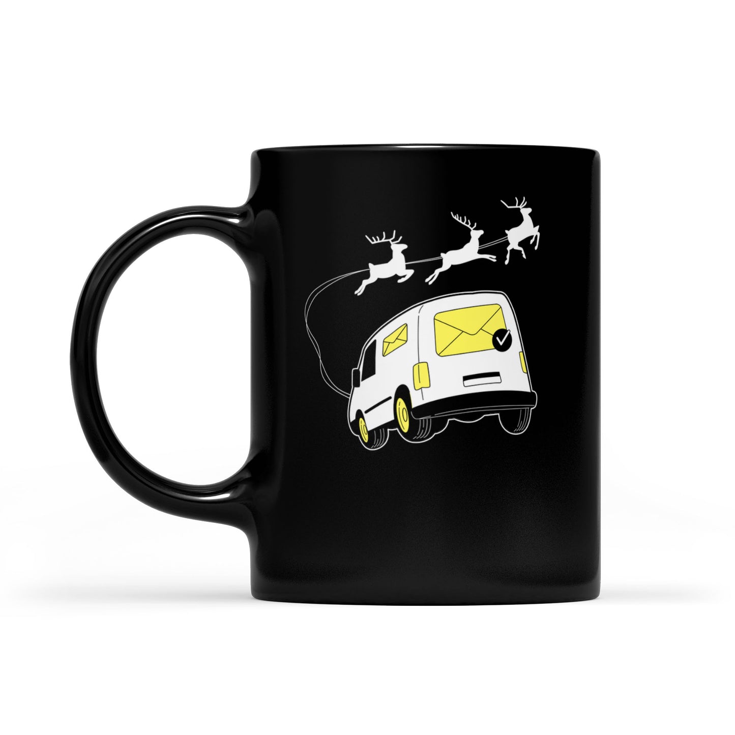 Postwagen mit Weihnachts-Rentierschlitten, lustiger Postbote, schwarzer Becher, Geschenk für Weihnachten