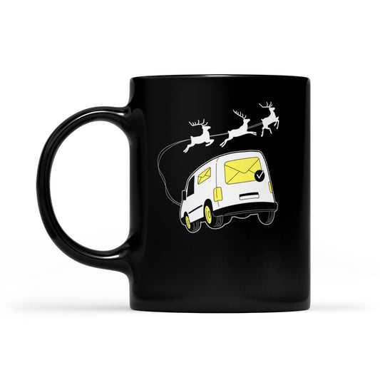 Postwagen mit Weihnachts-Rentierschlitten, lustiger Postbote, schwarzer Becher, Geschenk für Weihnachten