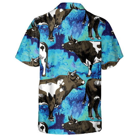 Hand Draw Vintage Cows And Bulls Blue Watercolor Hawaiian Shirt, Hawaiian Shirt Gift, Christmas Gift