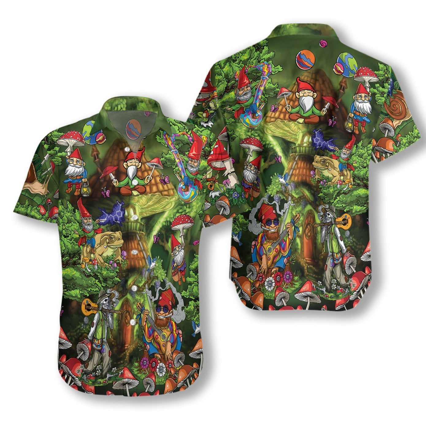 Gnome Hippie On Dark Green Design Hawaiian Shirt,Hawaiian Shirt Gift, Christmas Gift