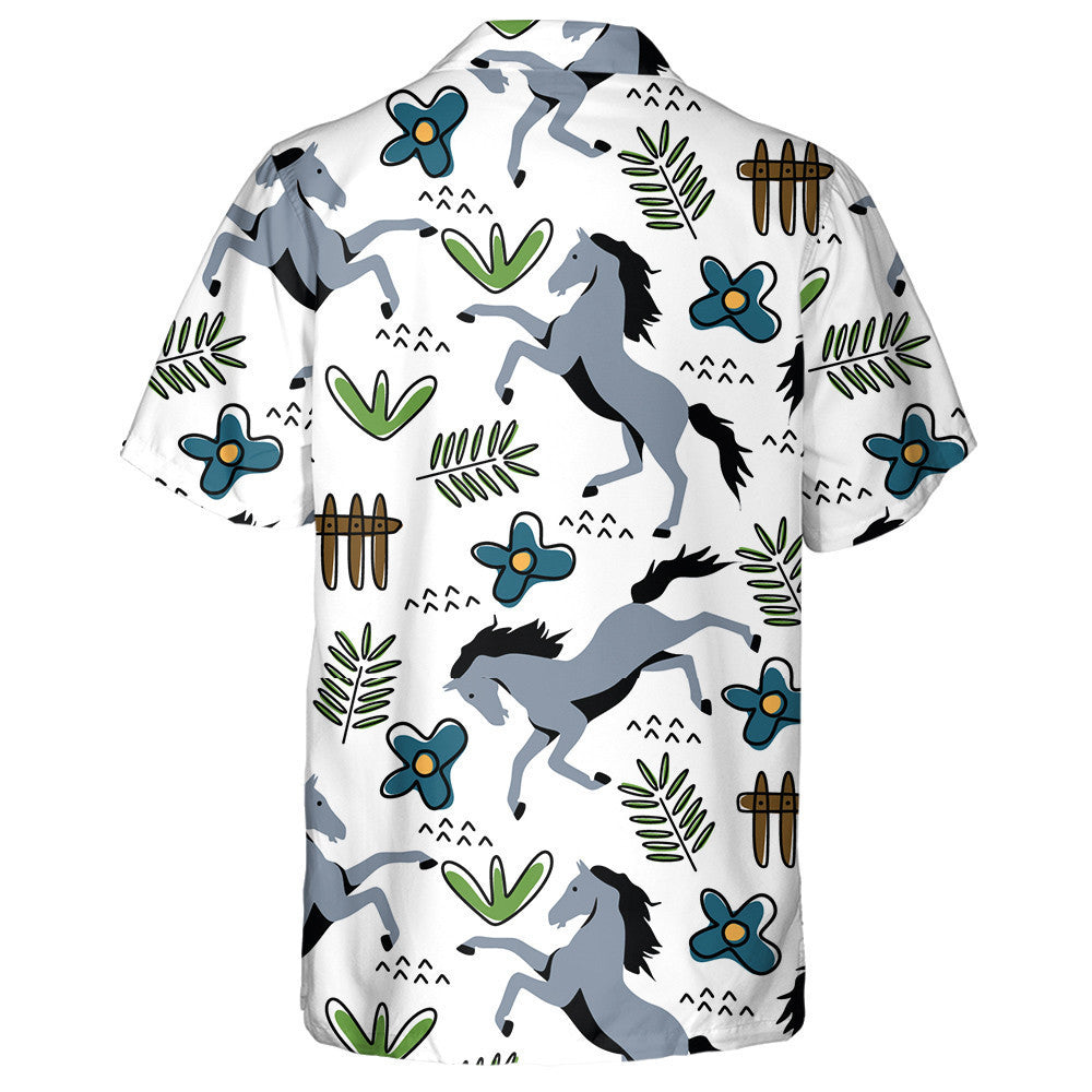 Horse Hand Drawn And Flora In Cartoon Style Hawaiian Shirt, Hawaiian Shirt Gift, Christmas Gift