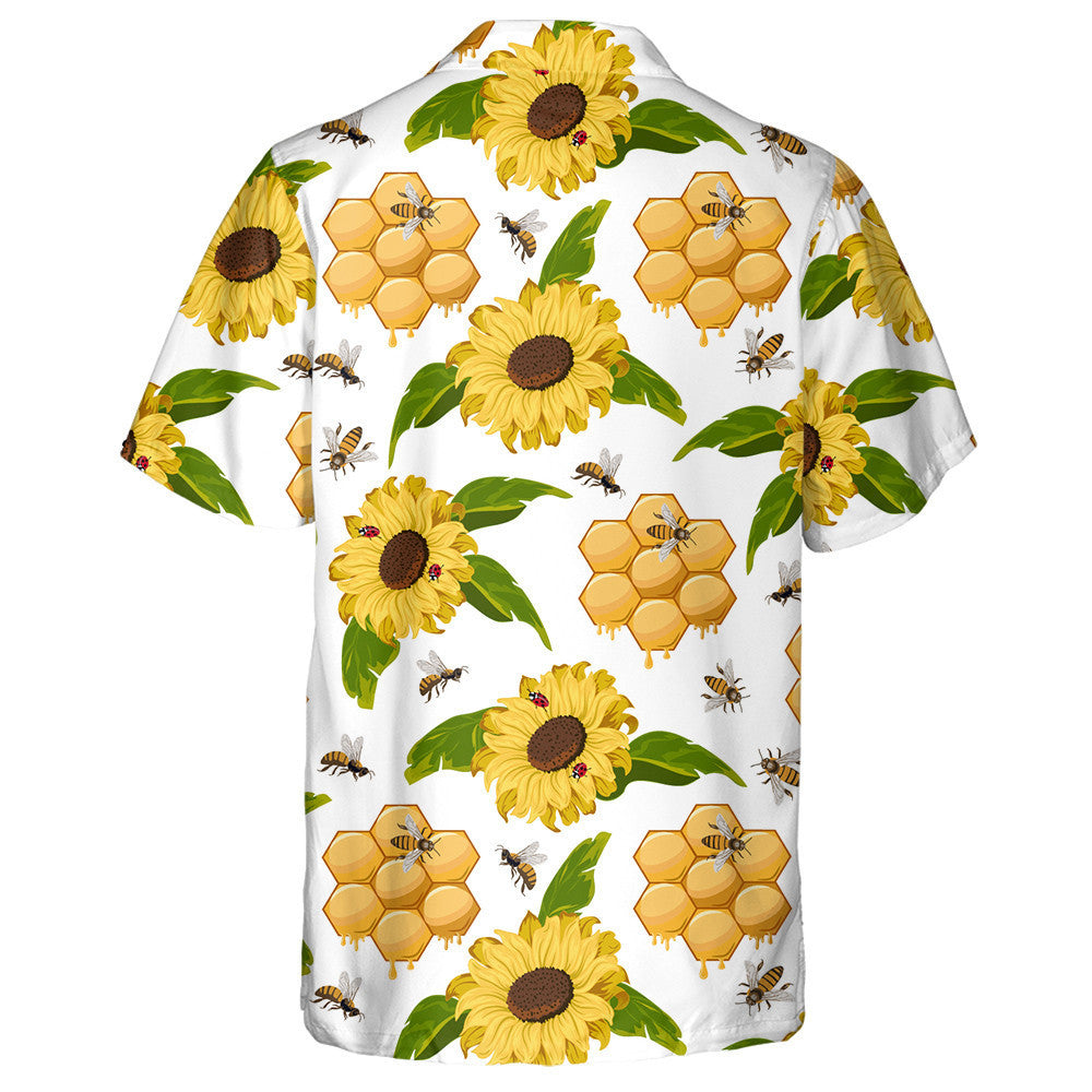 Ladybuds Bees Honeycombs And Sunflowers In A Color Pattern Hawaiian Shirt, Hawaiian Shirt Gift, Christmas Gift