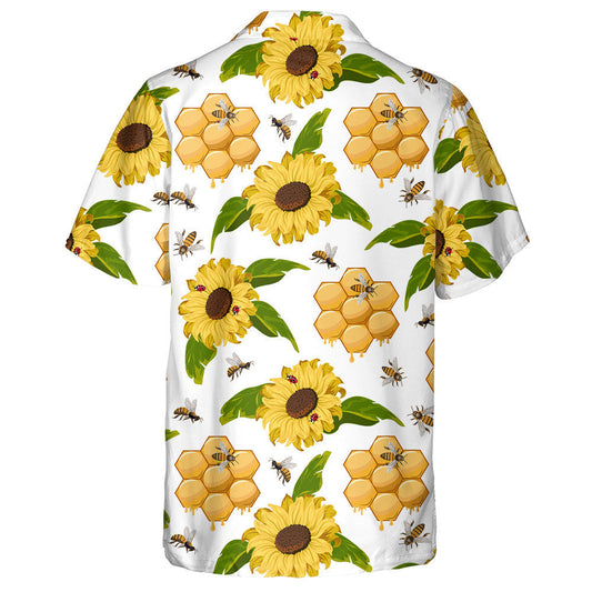 Ladybuds Bees Honeycombs And Sunflowers In A Color Pattern Hawaiian Shirt, Hawaiian Shirt Gift, Christmas Gift