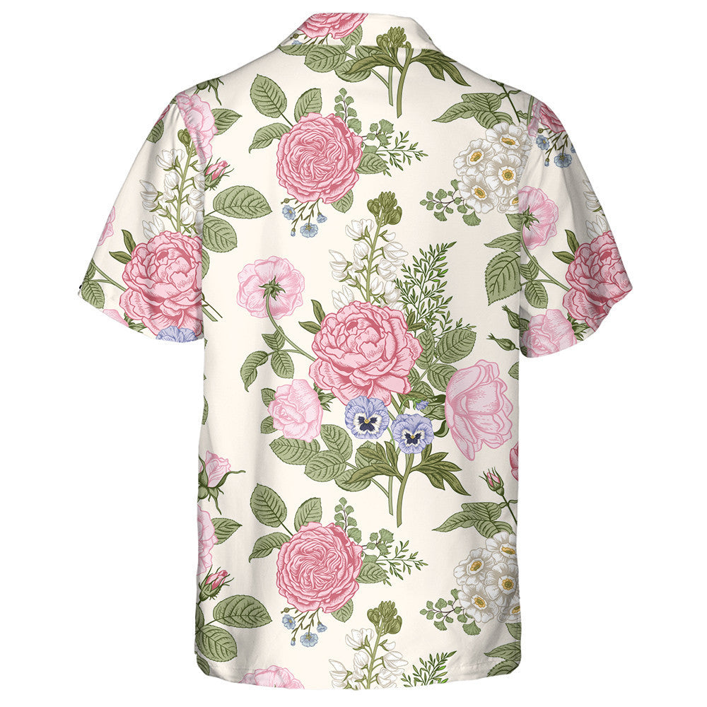 Hand Drawn Pink Rose Blooming Garden Themed Design Hawaiian Shirt, Hawaiian Shirt Gift, Christmas Gift