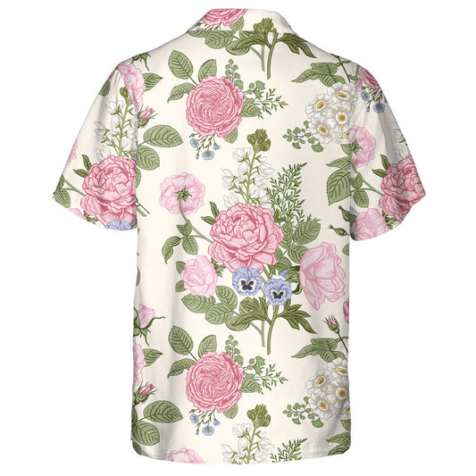 Hand Drawn Pink Rose Blooming Garden Themed Design Hawaiian Shirt, Hawaiian Shirt Gift, Christmas Gift