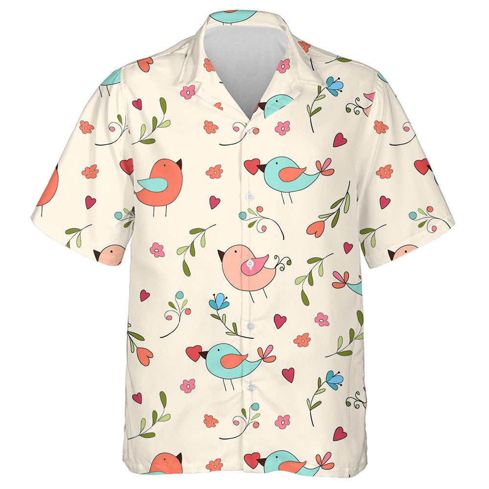 Cute Birds With Colorful Flowers Leaves And Hearts Hawaiian Shirt, Hawaiian Shirt Gift, Christmas Gift