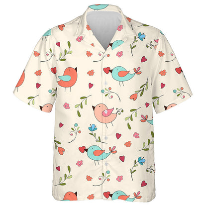 Cute Birds With Colorful Flowers Leaves And Hearts Hawaiian Shirt, Hawaiian Shirt Gift, Christmas Gift