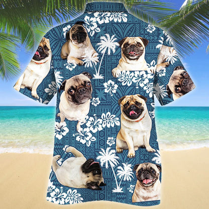Attractive Pug Dog Lovers Blue Tribal Pattern Hawaiian Shirt, Hawaiian Shirt Gift, Christmas Gift