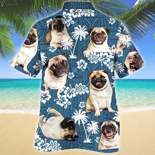 Attractive Pug Dog Lovers Blue Tribal Pattern Hawaiian Shirt, Hawaiian Shirt Gift, Christmas Gift