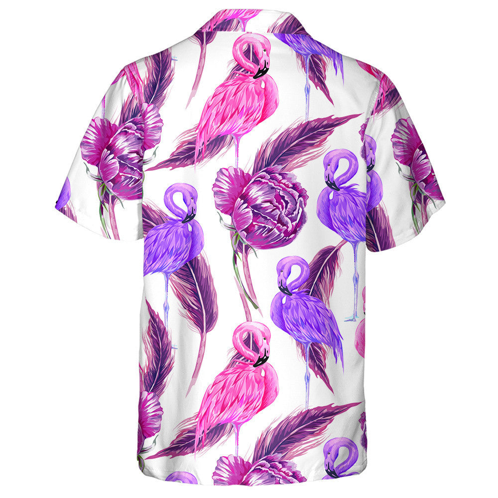 Beautiful Flamingo WIth Purple Flowers Peony Feathers Hawaiian Shirt, Hawaiian Shirt Gift, Christmas Gift
