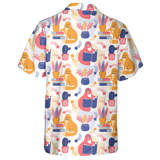 Smart Pink And Orange Cat Reading A Book Hawaiian Shirt, Hawaiian Shirt Gift, Christmas Gift
