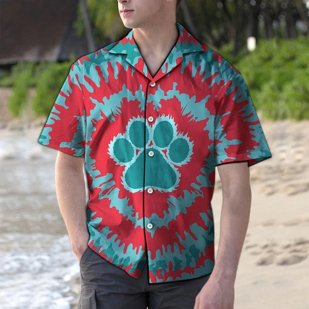 Blue And Red Heart Tie Dye Paw Pattern Hawaiian Shirt, Hawaiian Shirt Gift, Christmas Gift