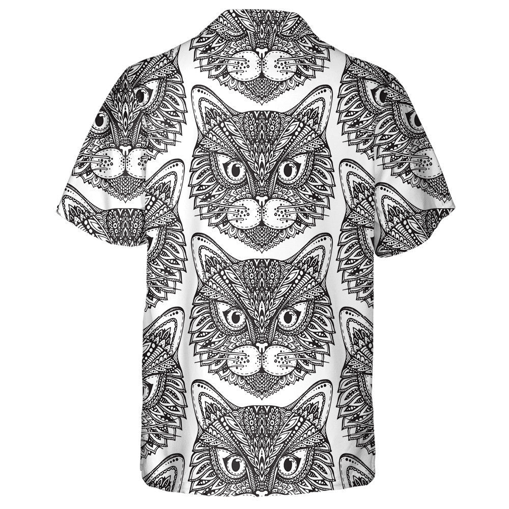 Hand Drawn Ornate Doodle Graphic Monochrome Cat Faces Hawaiian Shirt, Hawaiian Shirt Gift, Christmas Gift