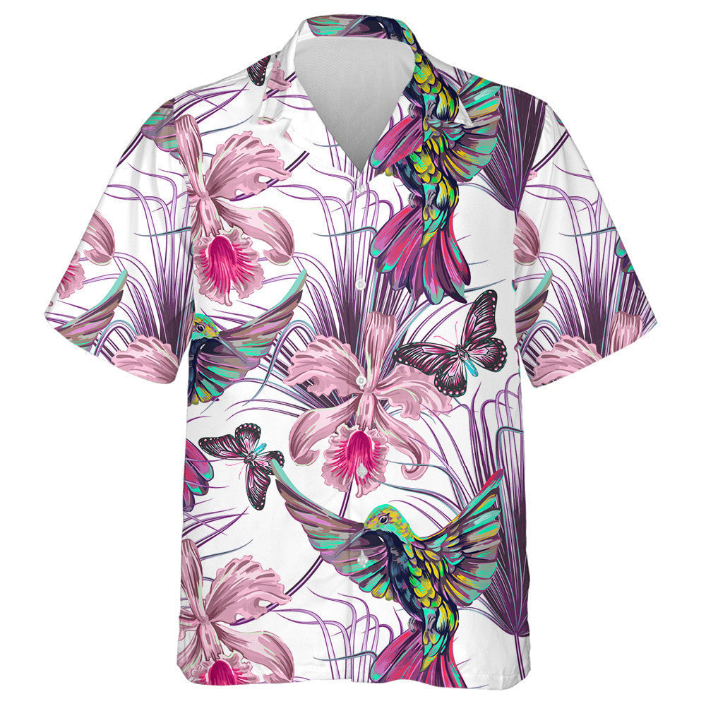 Theme Flying Hummingbirds Palm Leaves Orchids And Butterflies Hawaiian Shirt, Hawaiian Shirt Gift, Christmas Gift