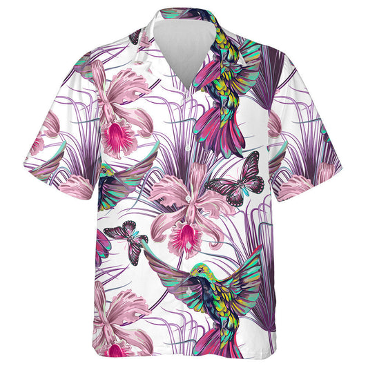 Theme Flying Hummingbirds Palm Leaves Orchids And Butterflies Hawaiian Shirt, Hawaiian Shirt Gift, Christmas Gift