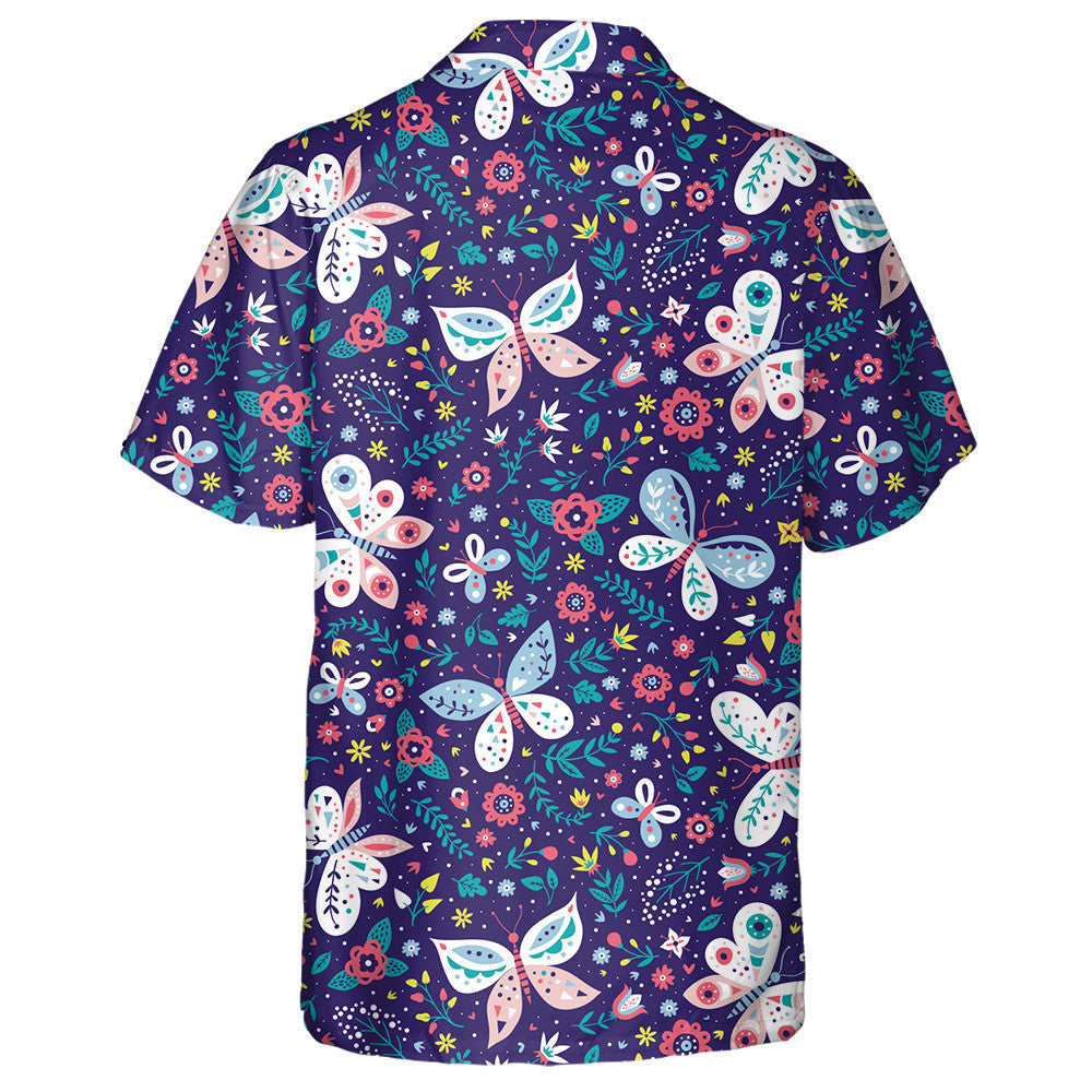 Cartoon Colorful Folk Butterflies And Flowers Hawaiian Shirt, Hawaiian For Gift