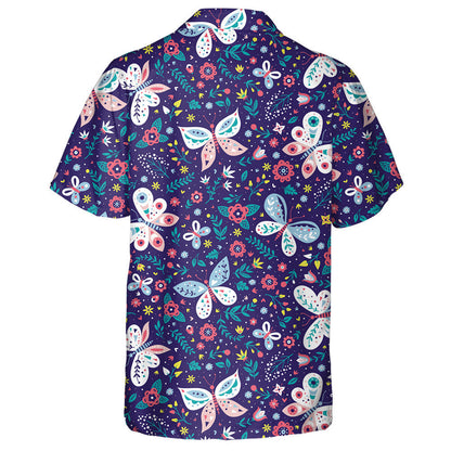 Cartoon Colorful Folk Butterflies And Flowers Hawaiian Shirt, Hawaiian For Gift